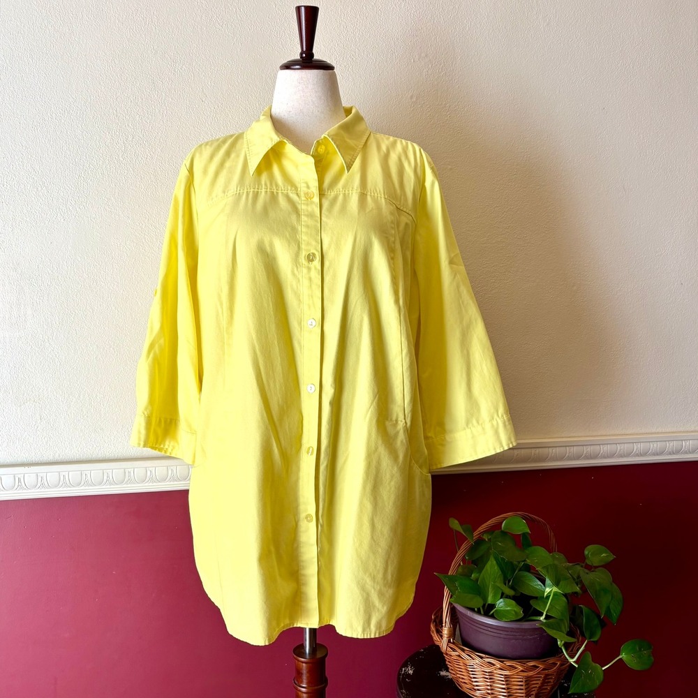 Joan Rivers Cheery Yellow Button Up Tunic Top Roll Tab Sleeves Pockets 1X Bright